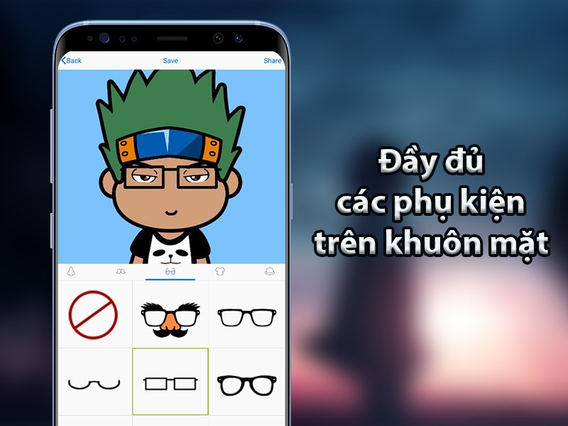 Đầy đủ các phụ kiện trên khuôn mặt như: mắt, mũi, chân mày, mắt kính,..