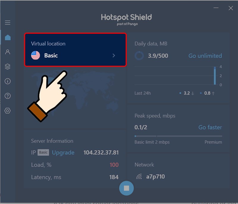 Nhấn Virtual Location để chọn quốc gia bạn muốn truy cập web.