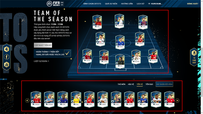 Bước 3: B&igrave;nh chọn 11 cầu thủ 20TOTS bạn y&ecirc;u th&iacute;ch nhất qua đội h&igrave;nh 4-3-3