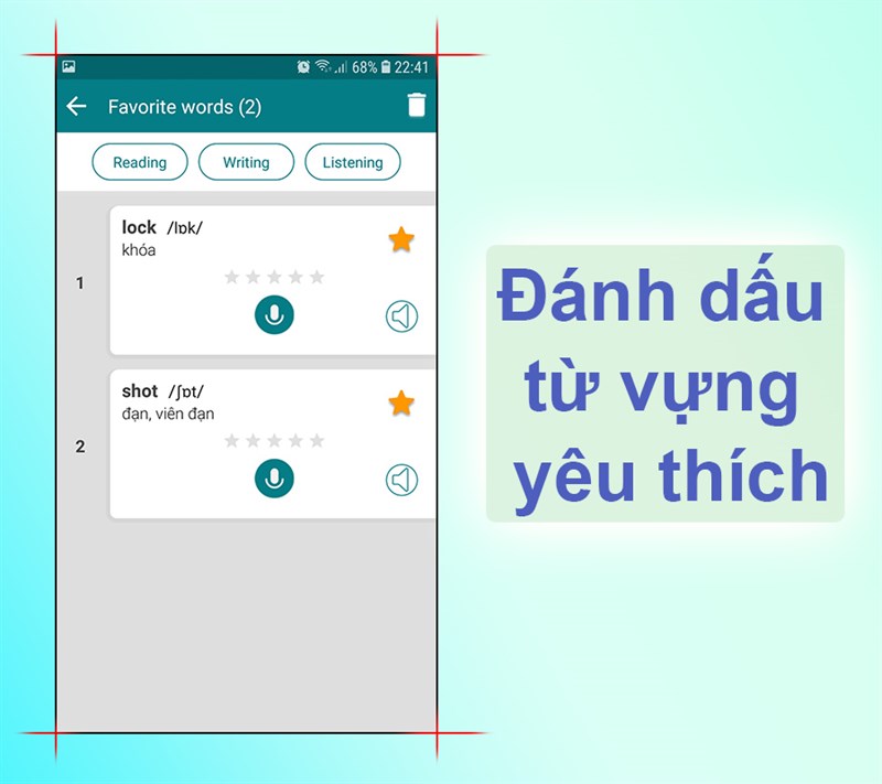 Có thể đánh dấu từ vựng yêu thích hoặc tải video về sử dụng ngoại tuyến