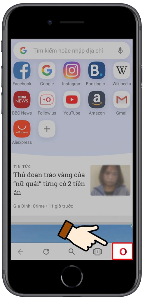 Nhấn vào biểu tượng Opera ở bên dưới góc phải màn hình.
