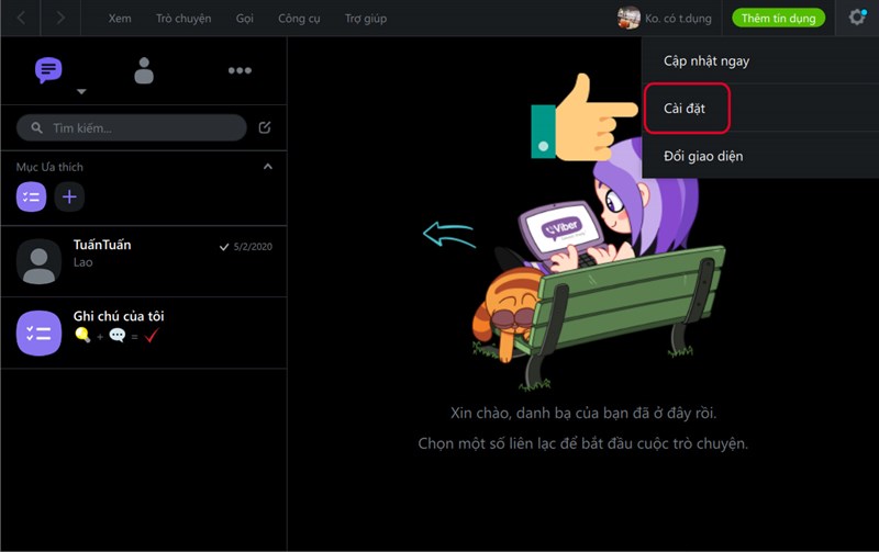 Chọn cài đặt trên ứng dụng Viber máy tính