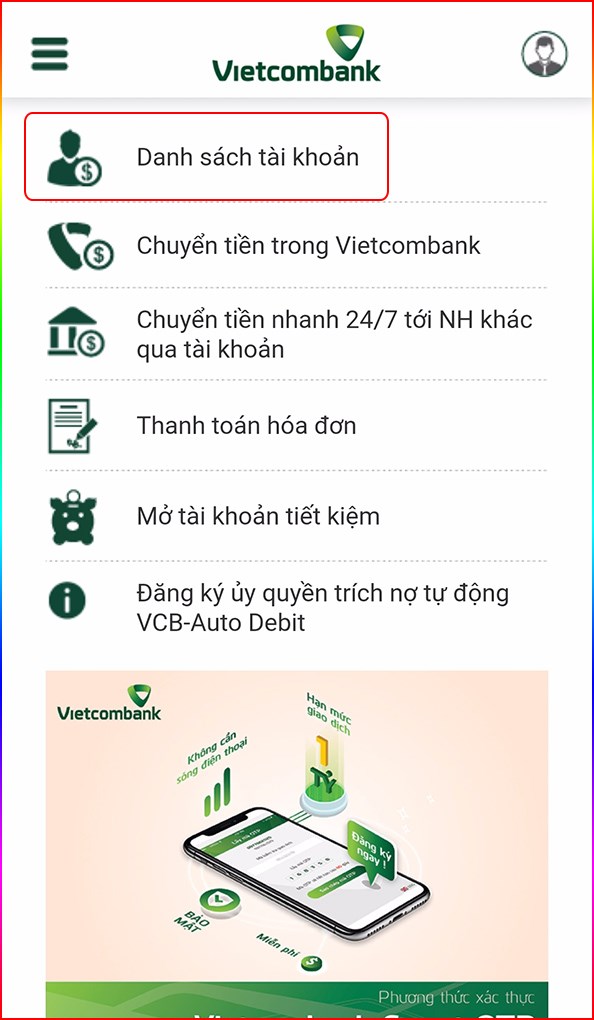 Nhấn vào danh sách tài khoản