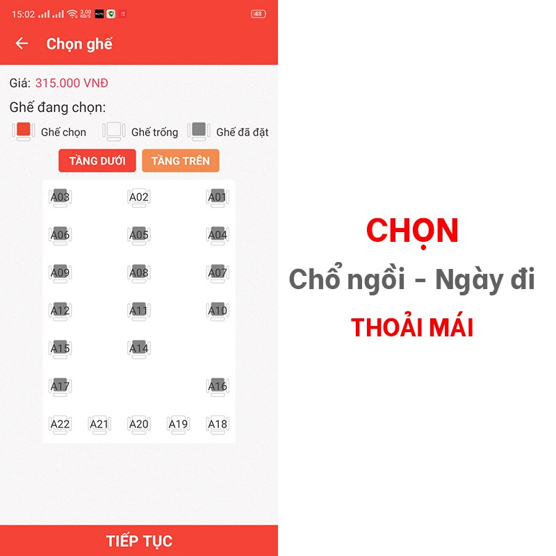 Chọn chổ ngồi, ngày đi, giờ đi, nơi đón xe Phương Trang