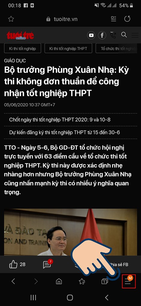 Mở trang web mà bạn muốn lưu thành PDF. Sau đó chọn vào Icon 3 gạch. 