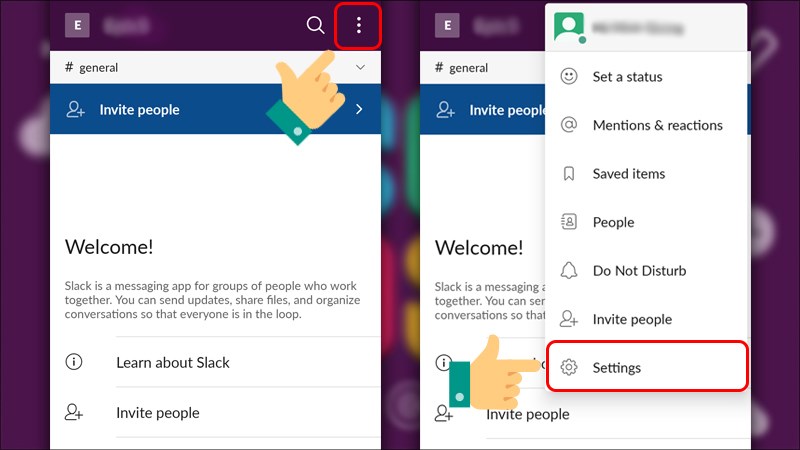 Vào trình Cài đặt của Slack