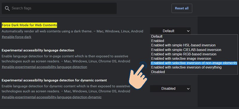 ở mục Force Dark Mode for Web Content bạn hãy chọn option Enabled with selective inversion of non-image elements.