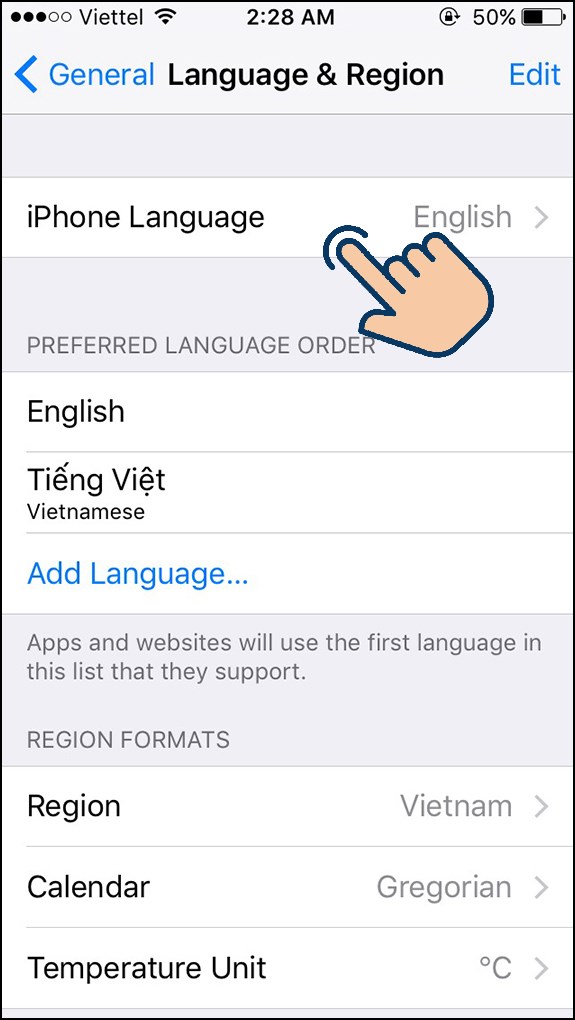 Chọn vào iPhone Language.