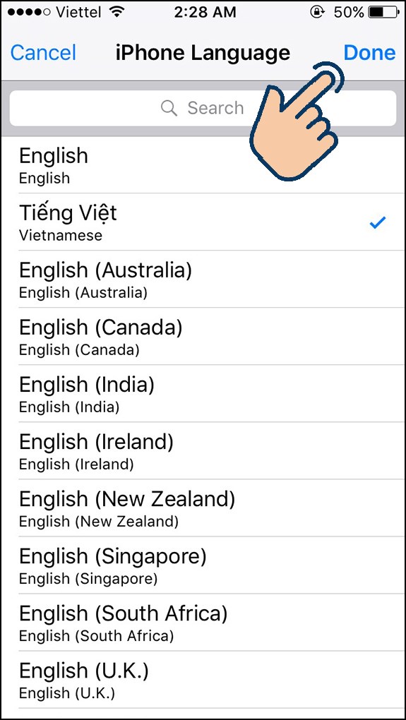 Chọn vào Tiếng Việt và bấm Done.