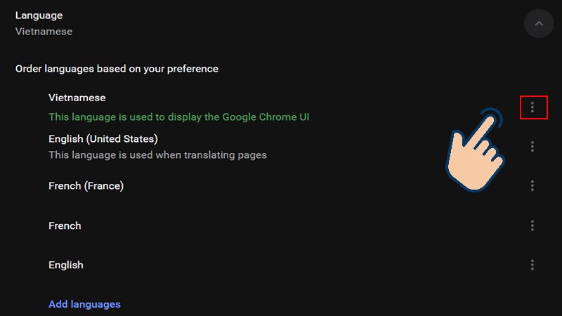 Vào biểu tượng 3 dấu chấm dọc ở dòng Vietnamese.