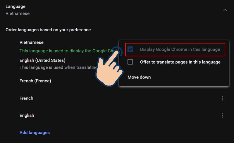 Tick vào ô Display Google Chrome in this language.
