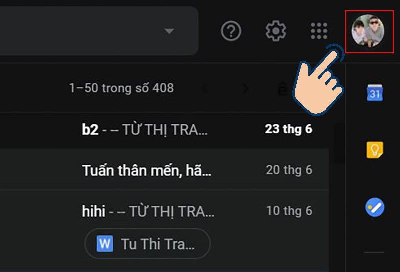 chọn vào hình đại diện Gmail ở trên cùng phía bên phải.