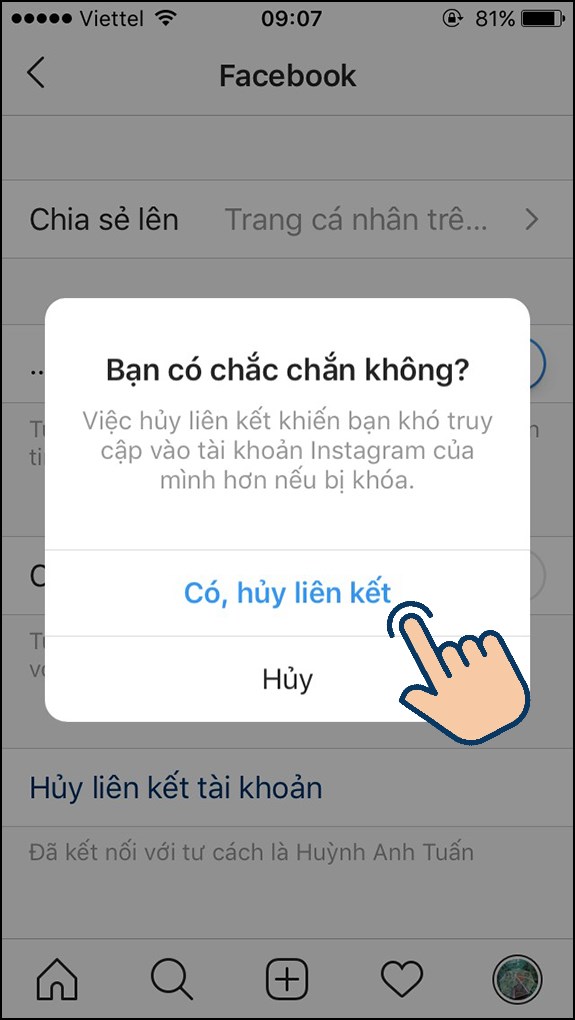 xác nhận huỷ liên kết bằng cách nhấn vào Có, huỷ liên kết