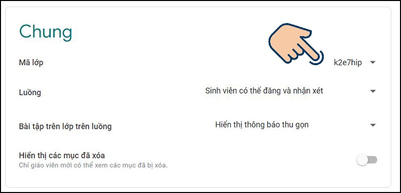 Tìm đến mục chung và sao chép mã lớp học cho học sinh - sinh viên.