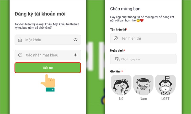 Tạo Mật khẩu v&agrave; X&aacute;c nhận mật khẩu. Cập nhật T&ecirc;n hiển thị, Ng&agrave;y sinh v&agrave; Giới t&iacute;nh.