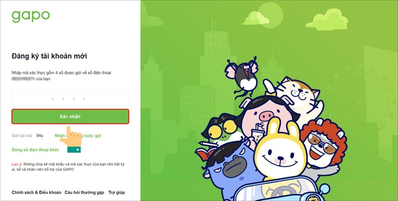 Nhập m&atilde; x&aacute;c thực được gửi về số điện thoại