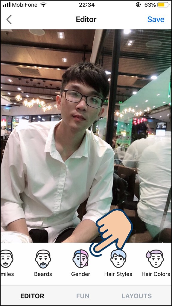 Ứng dụng sẽ chuyển đến giao diện Editor, bạn chọn tính năng Gender.