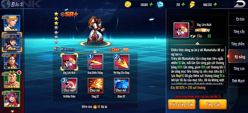 Mỗi đấu sĩ sẽ c&oacute; 5 chi&ecirc;u thức trong chuỗi combo v&agrave; một kỹ năng đặc biệt c&oacute; sẵn