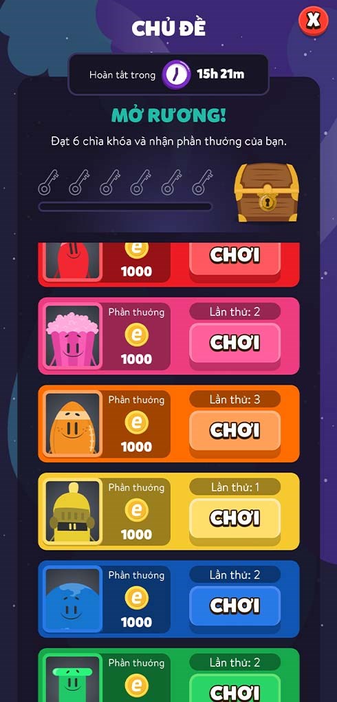 Người chơi sẽ lựa chọn 1 trong 6 chủ đề