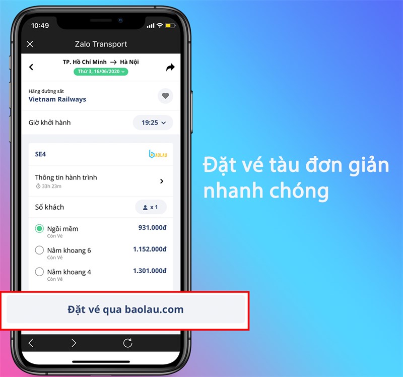 đặt vé tàu qua Zalo