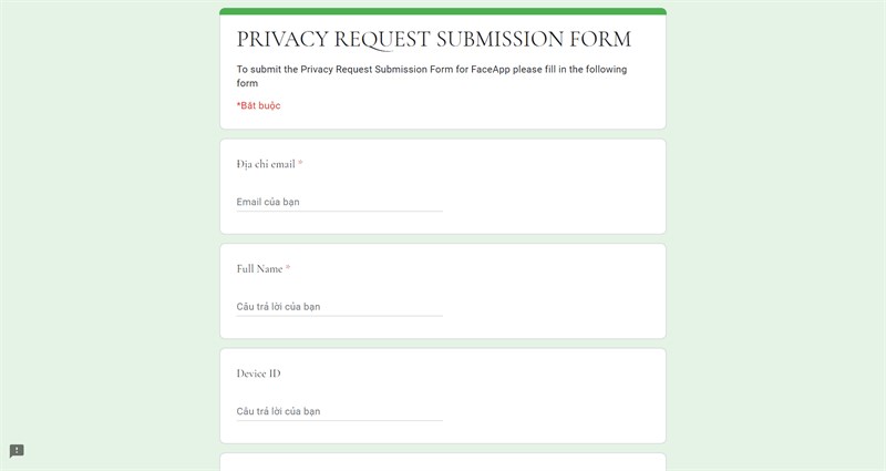 Form Privacy Request Submission