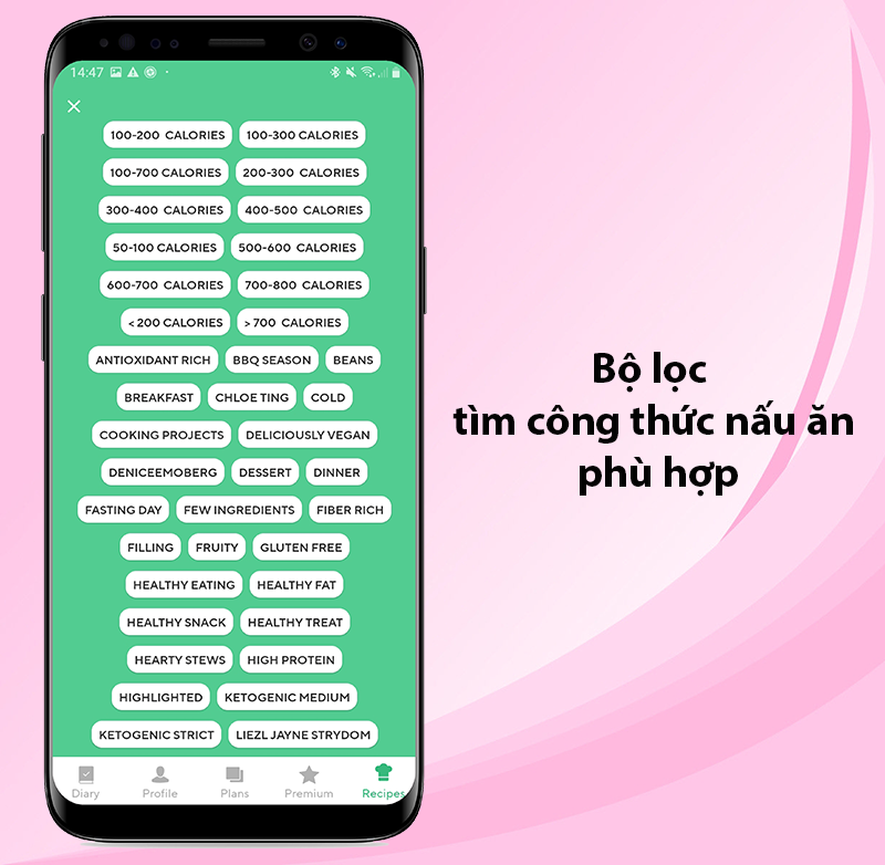 bộ lọc thông minh cho phép bạn tìm kiếm công thức theo độ calo, món ăn tách đường, tách béo