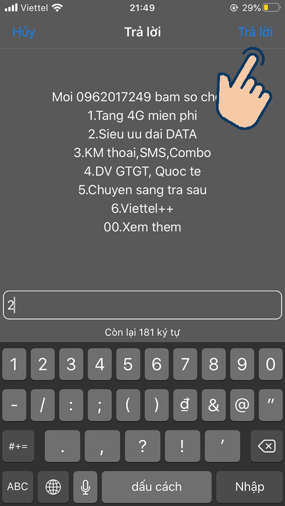 nhập phím 2 (Sieu uu dai DATA) và nhấn Trả lời.