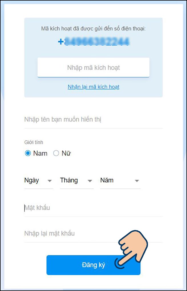 nhập mã kích hoạt, điền đầy đủ thông tin cá nhân của mình và chọn đăng ký
