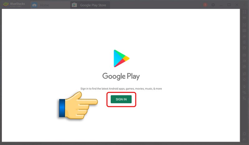  BlueStacks sẽ hiện ra cửa sổ Google Play, bạn chọn Sign In lần nữa
