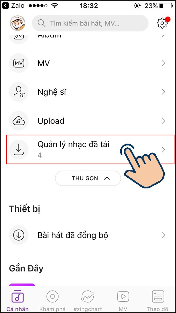 họn v&agrave;o Quản l&yacute; nhạc đ&atilde; tải.