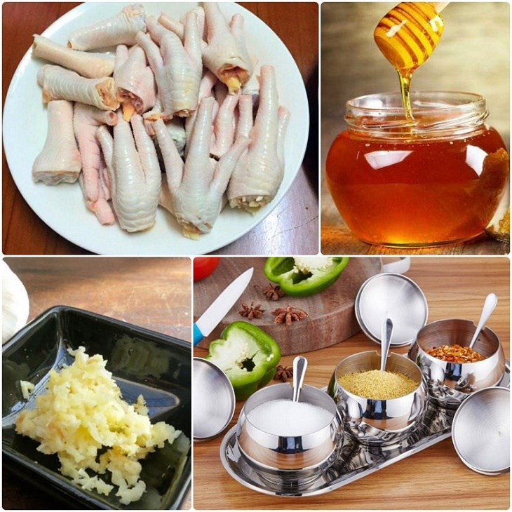 Các nguyên liệu cần có món ăn uống chân con gà nướng mật ong cùng muối hạt ớt