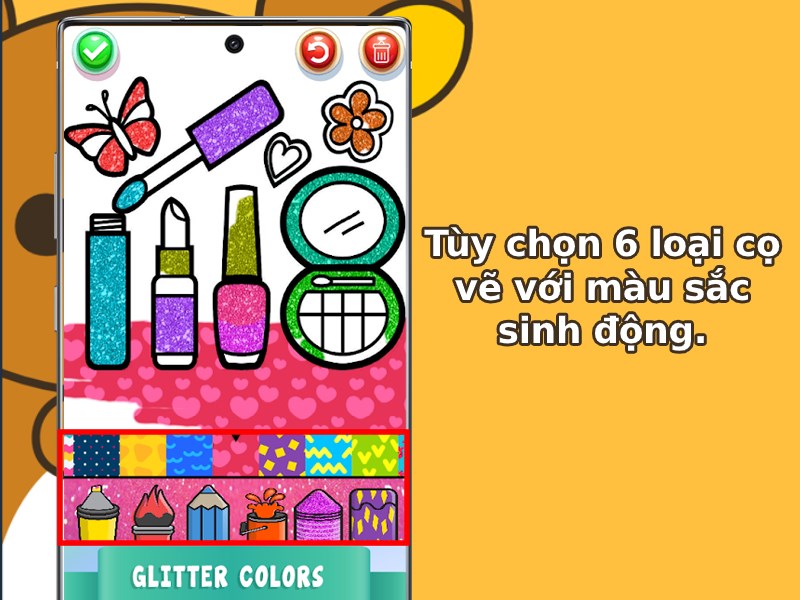 Tùy chọn 6 loại cọ vẽ với màu sắc sinh động.