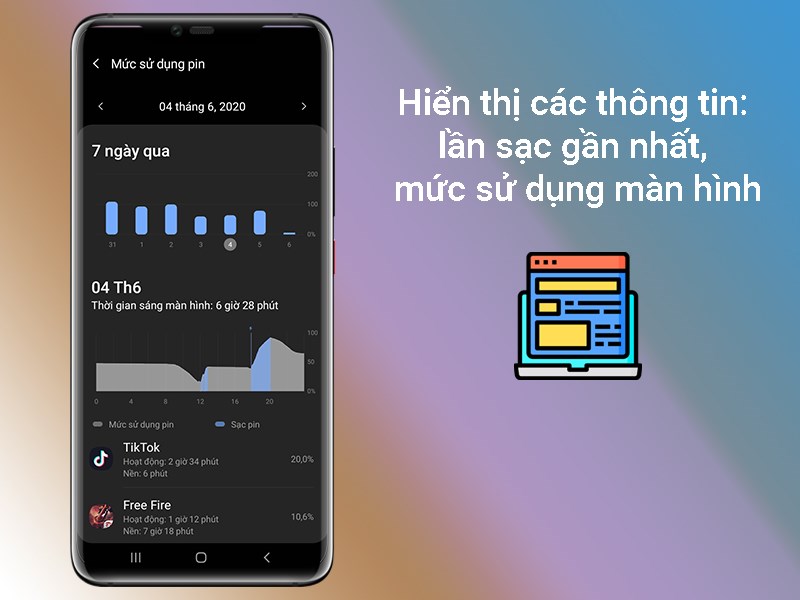 Hiển thị chi tiết các thông tin như: lần sạc gần nhất, mức sử dụng màn hình kể từ lần sạc