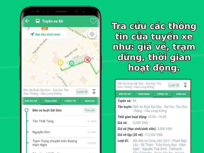 Tra cứu c&aacute;c th&ocirc;ng tin của tuyến xe như: gi&aacute; v&eacute;, trạm dừng, thời gian hoạt động