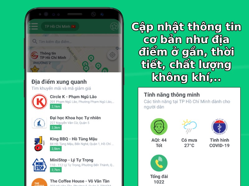 Cập nhật th&ocirc;ng tin cơ bản như địa điểm ở gần, thời tiết, chất lượng kh&ocirc;ng kh&iacute;,...