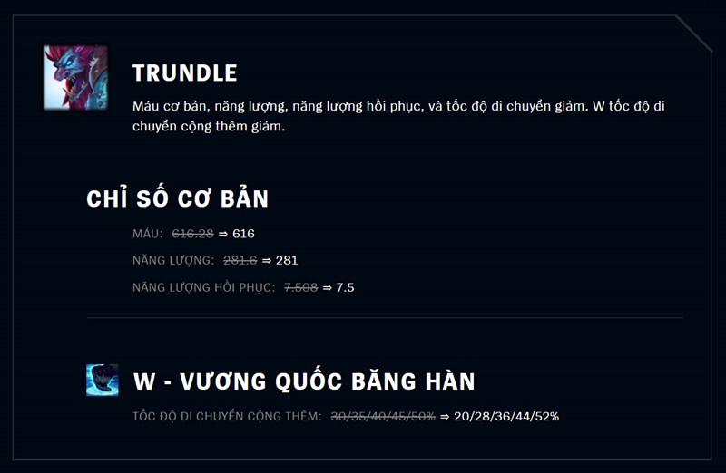 M&aacute;u cơ bản, năng lượng, năng lượng hồi phục, v&agrave; tốc độ di chuyển giảm. W tốc độ di chuyển cộng th&ecirc;m giảm