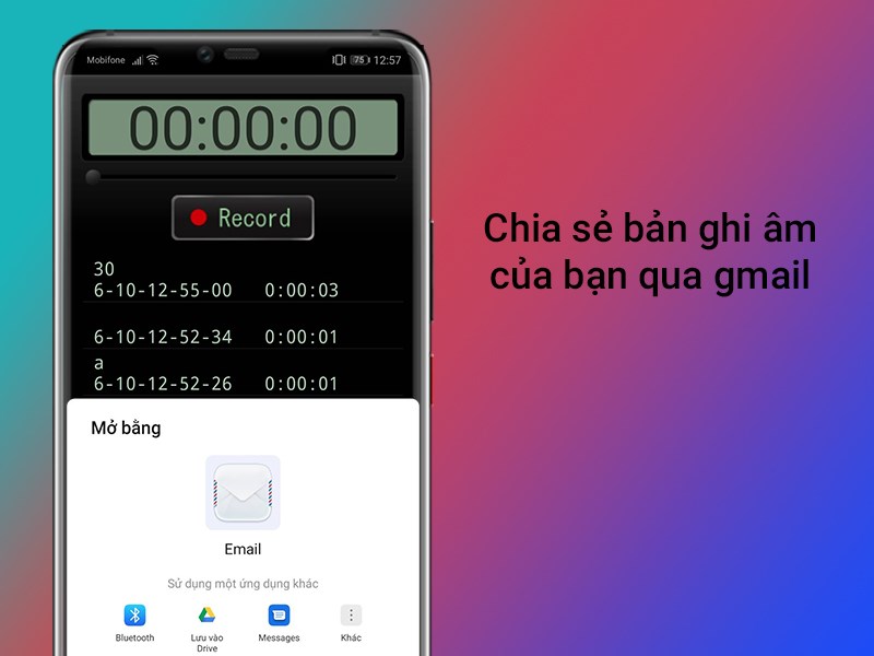 Chia sẻ bản ghi âm của bạn qua gmail, bluetooth,...