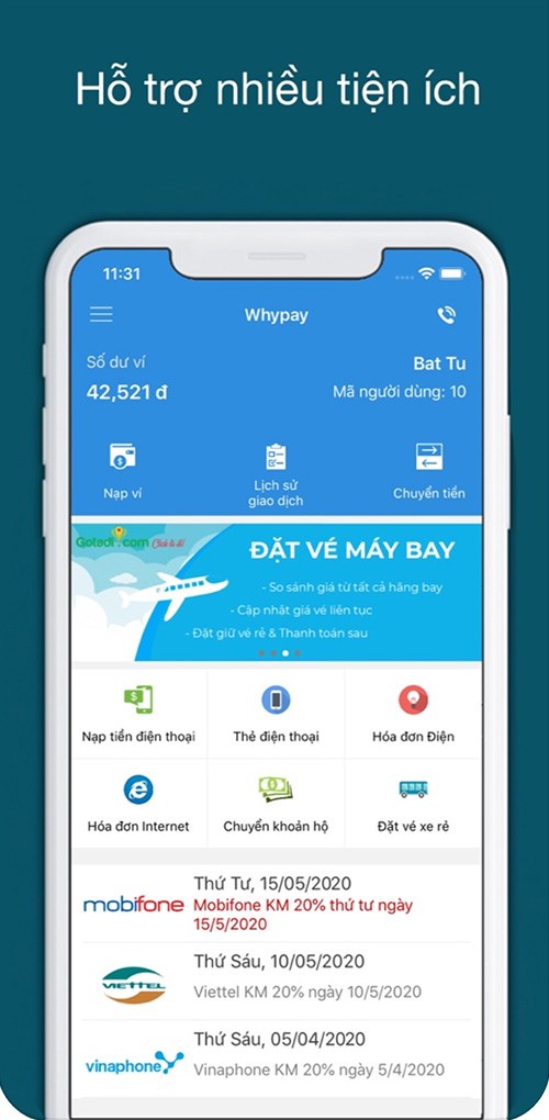 Hỗ trợ thanh toán hóa đơn internet, điện, nước,...