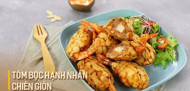 Tôm bọc hạnh nhân chiên giòn Tôm bọc hạnh nhân chiên giòn