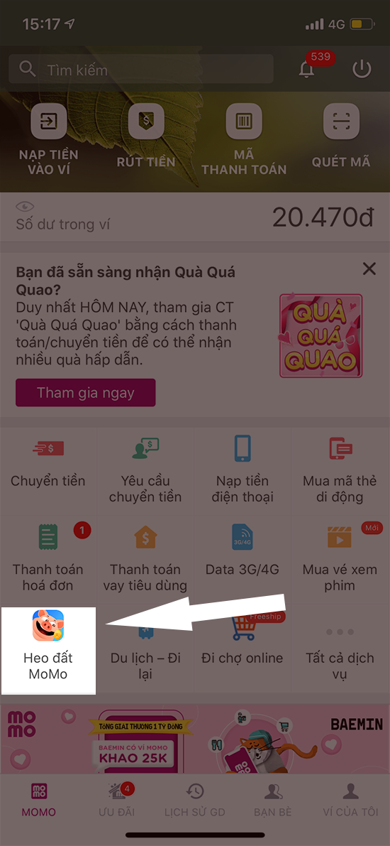 Tại giao diện chính của MoMo, bạn chọn mục Heo đất MoMo.