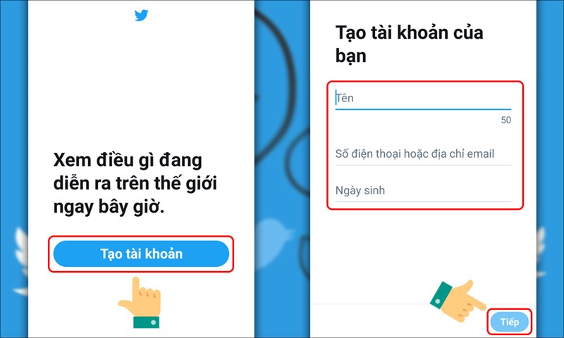 Tạo tài khoản với Tên, Số điện thoại hoặc địa chỉ email, Ngày sinh