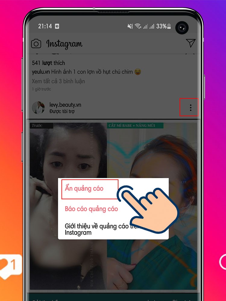 tại quảng c&aacute;o m&agrave; bạn muốn chặn chọn dấu 3 chấm > Chọn ẩn quảng c&aacute;o.
