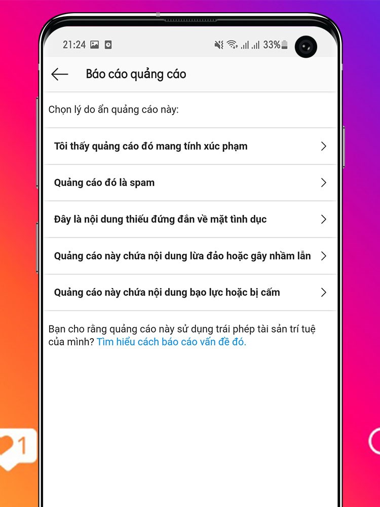 báo cáo quảng cáo, sẽ chuyển sang giao diện có nhiều lý do hơn để bạn lựa chọn như hình.