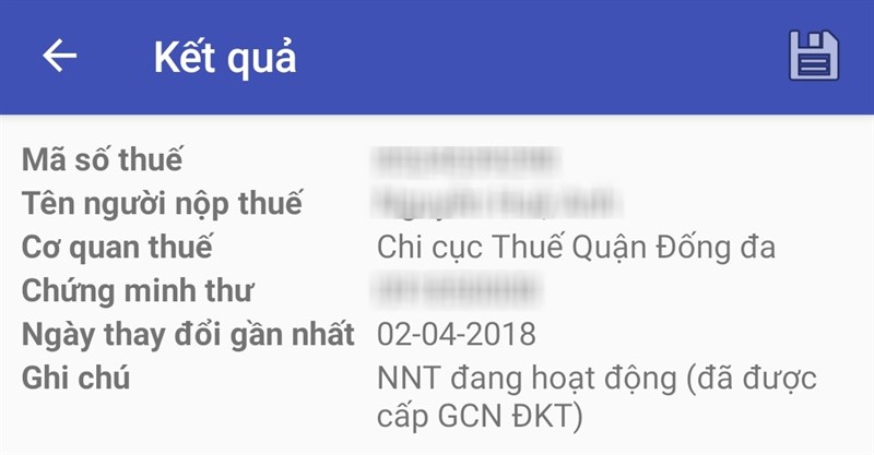 Kết quả tra cứu từ ứng dụng