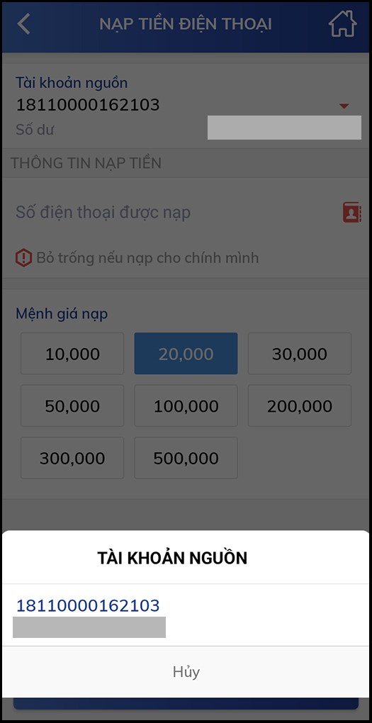 Chọn T&agrave;i khoản nguồn để thanh to&aacute;n nạp thẻ