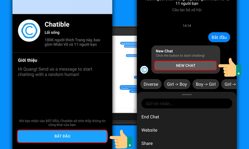 Chatible Facebook Messenger: Với Chatible trên Facebook Messenger, bạn sẽ có một trải nghiệm chat mới lạ và thú vị. Hệ thống tự động trả lời giúp bạn giải quyết những vấn đề cần thiết, đồng thời tăng thêm sự tiện lợi và tốc độ trả lời. Hãy thử nó ngay để trải nghiệm sự khác biệt!