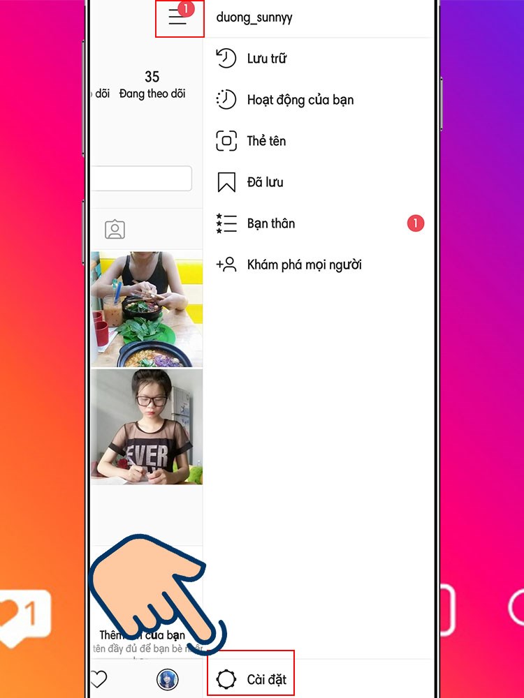 Chọn dấu 3 gạch tr&ecirc;n g&oacute;c phải m&agrave;n h&igrave;nh > Chọn c&agrave;i đặt.