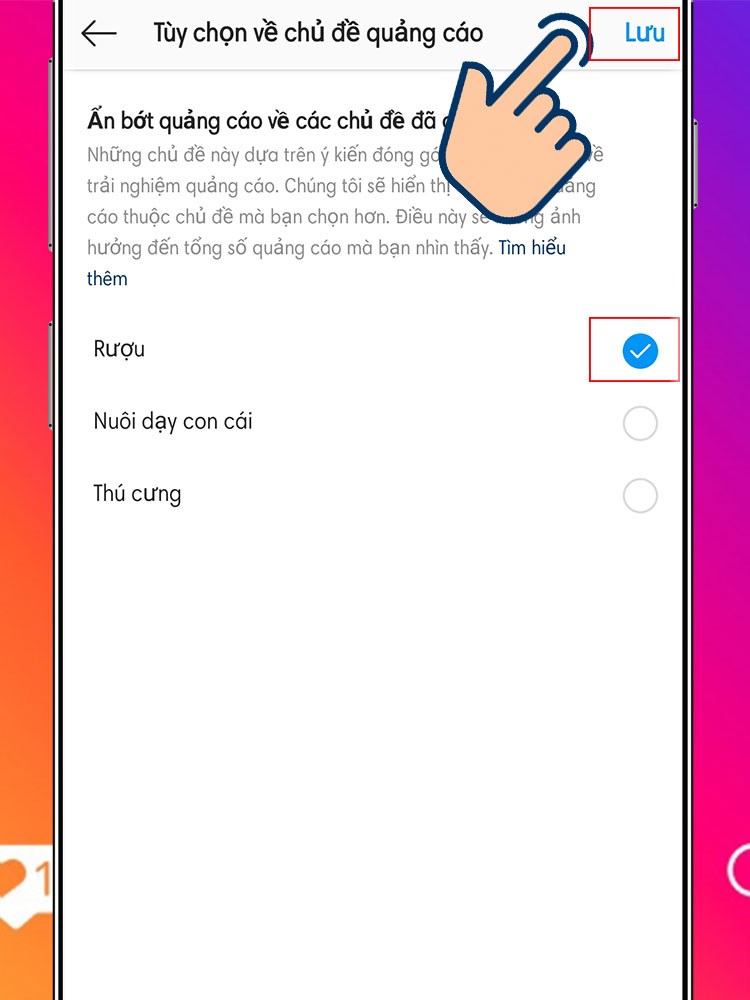 Bấm chọn c&aacute;c chủ đề quảng c&aacute;o cơ bản m&agrave; Instagram đề xuất&nbsp; > Lưu.