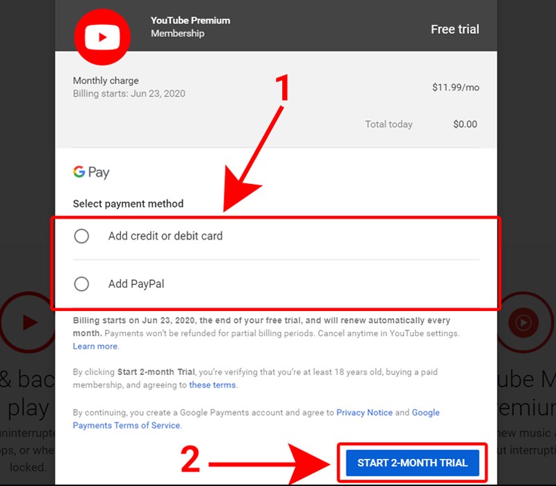 Lựa chọn hình thức thanh toán để đăng ký gói YouTube Premium