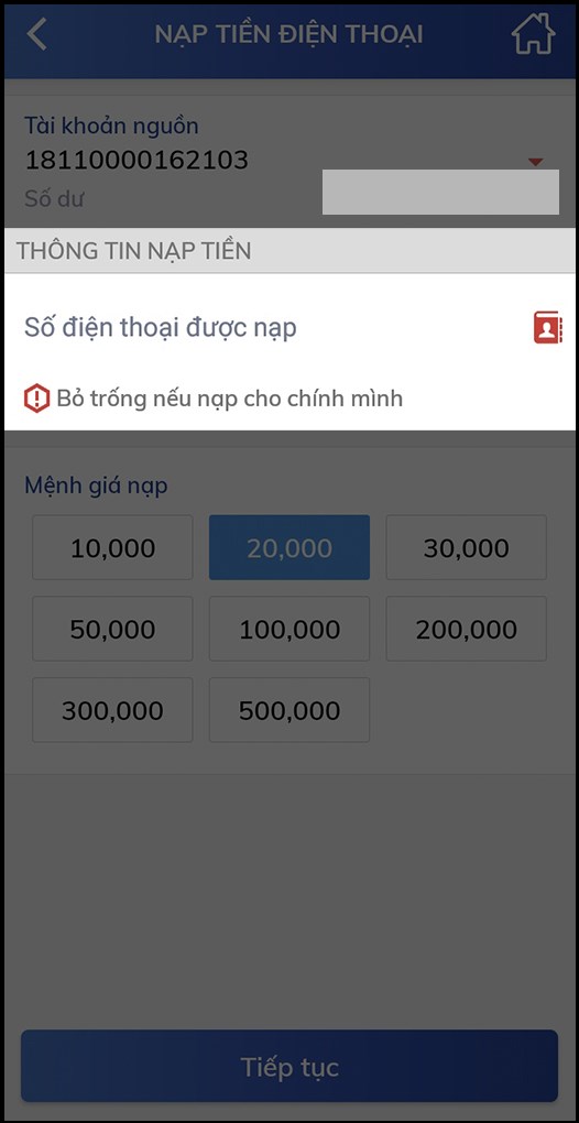 Nhập số điện thoại được nạp